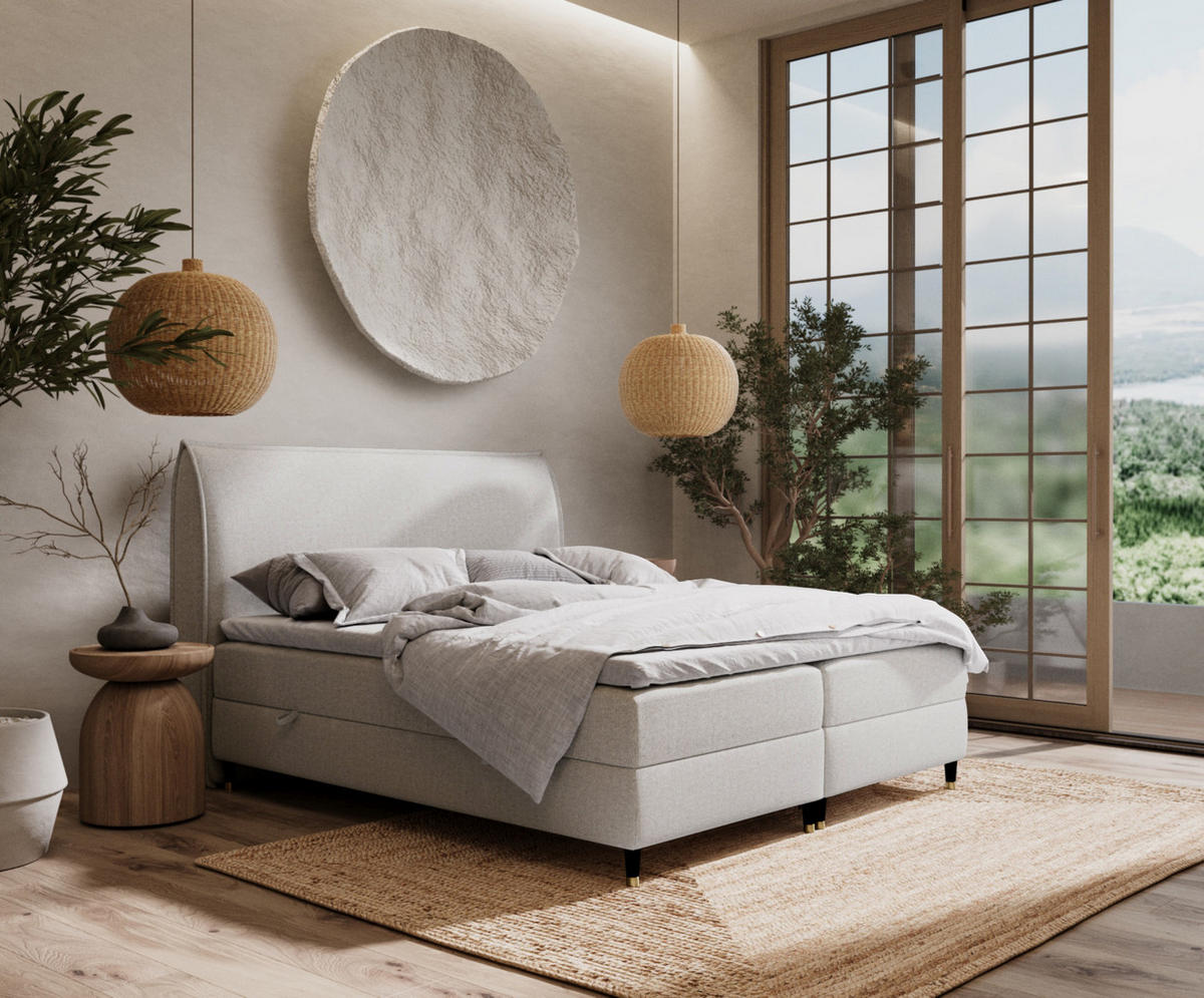 BOXBETT Melba Hellbeige 140/200 cm mit Bonellmatratze - Beige/Schwarz, Holz/Holzwerkstoff (140/200cm) - Maison de Reve