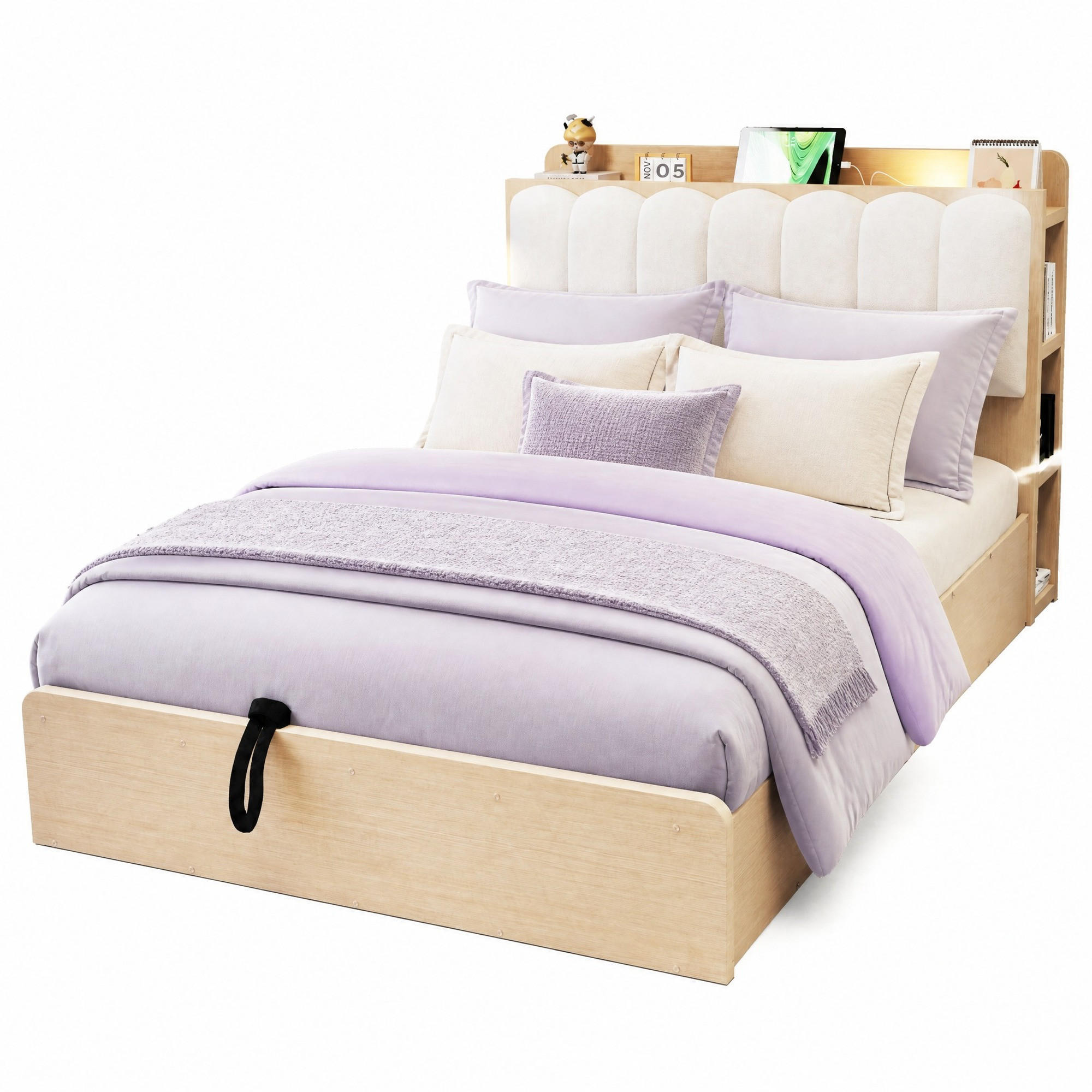 BETT 140/200 cm aus Holz mit Stauraum, USB-Anschluss, Naturholz - Naturfarben, Holz (140/200cm) - OKMYHOME