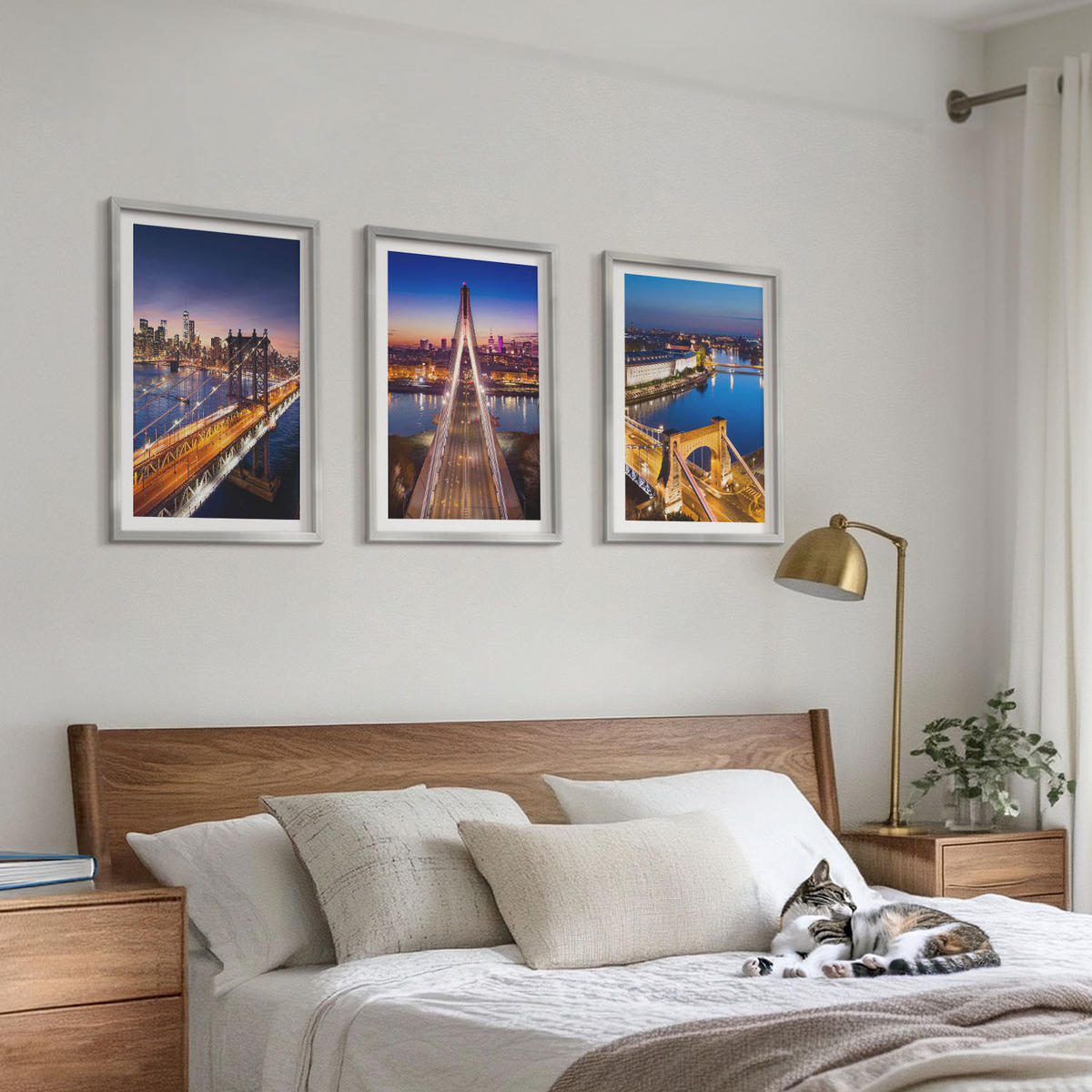 BILDER SET 3er Set - 40x60 cm Silberner Rahmen - Städte bei Nacht, Brücken, Flüsse - Silberfarben, Kunststoff (40/60cm) - TULUP