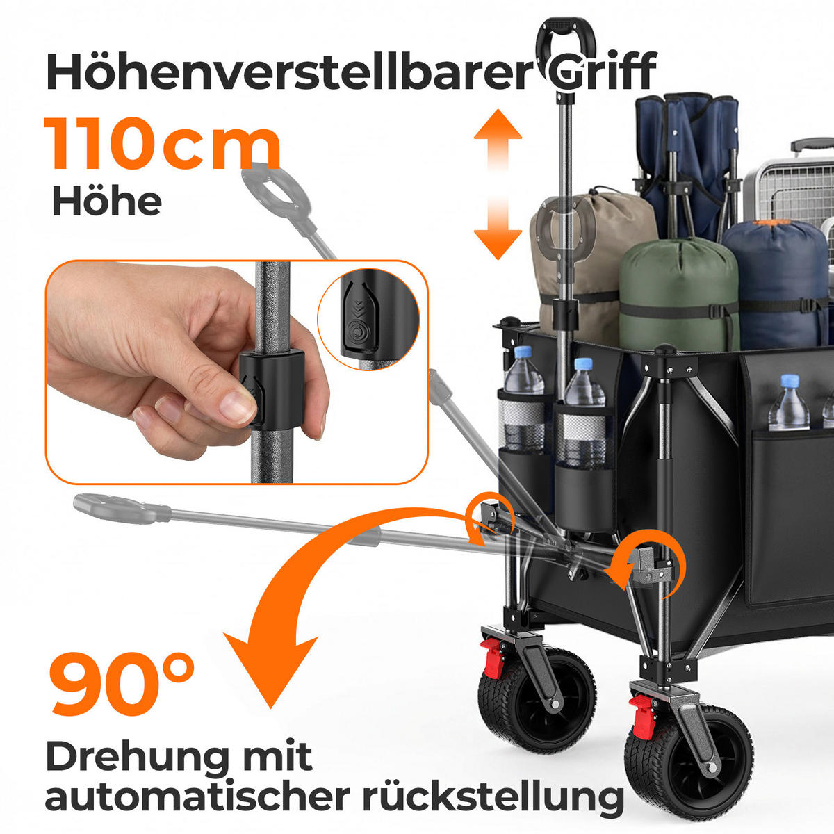 HANDWAGEN, faltbar-verbreitert, 200+100L, Geländeräder, schwarz - Schwarz, Metall (27/72/37.5cm) - Vallsero