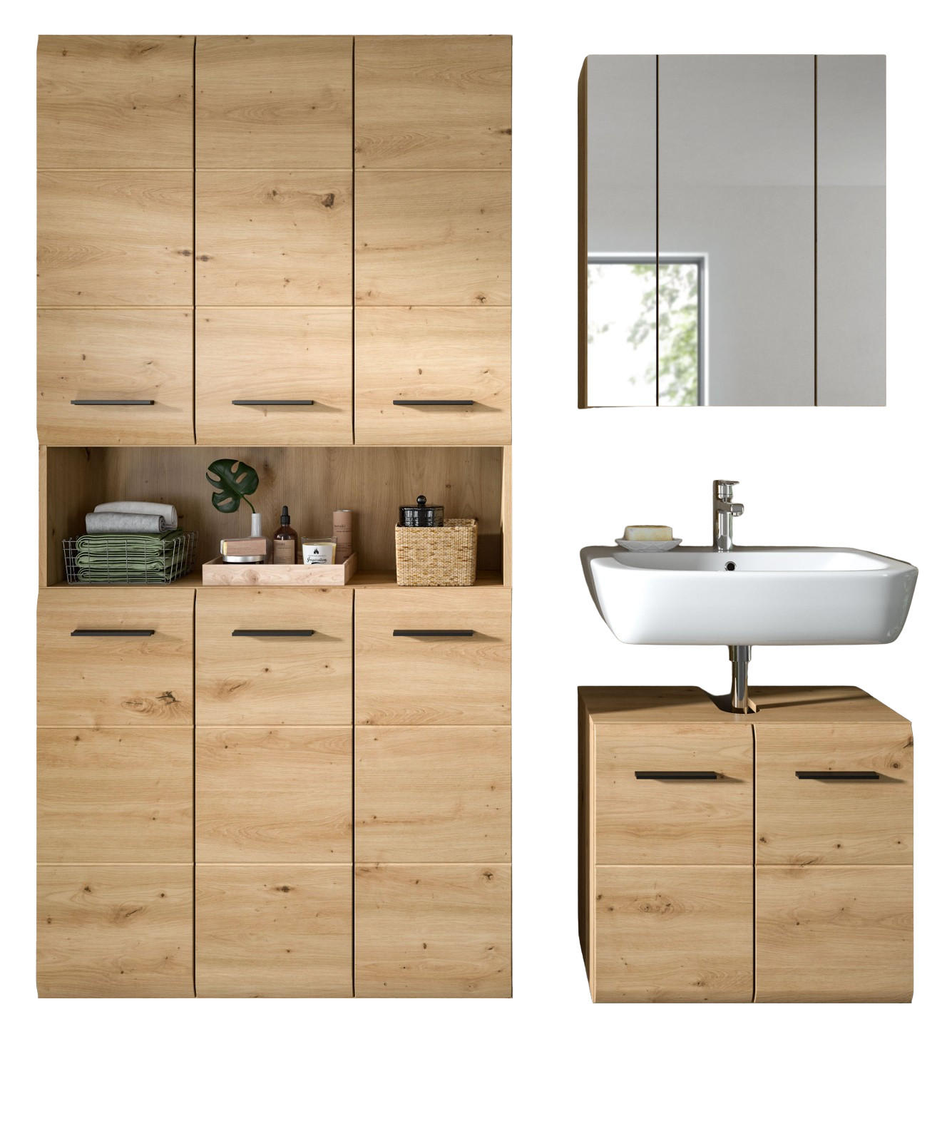 BADMÖBEL-SET 3-teilig in Artisan Eiche, Badkombination 165 x 185 cm, Cover - Eichefarben/Schwarz, Glas/Holzwerkstoff (165/185/30cm) - Inn.Furn