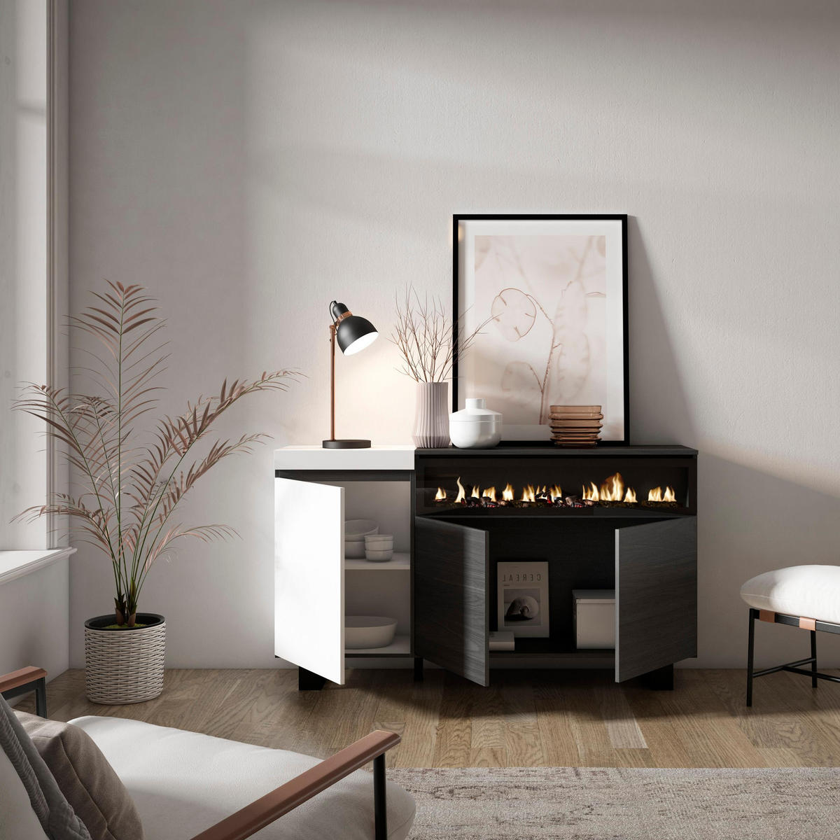 SIDEBOARD weiß und schwarz, 150/35/87cm - Multicolor, Holzwerkstoff (150/87/35cm) - Skraut Home