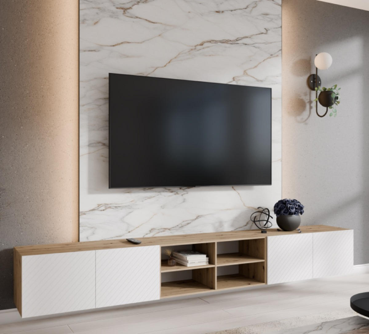 TV-LOWBOARD Weiß NIKOL Gefräste Fronten Mit Regalen 300 cm - Weiß, Holzwerkstoff (300/41/40cm) - Sepro Meble