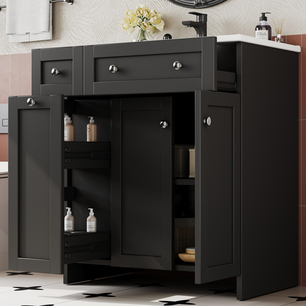 BADEZIMMERWASCHTISCH aus MDF und Keramik 76x47x86 cm Schwarz mit Stauraum und Soft-Close - Schwarz, Keramik (76/86/47cm) - Modfu