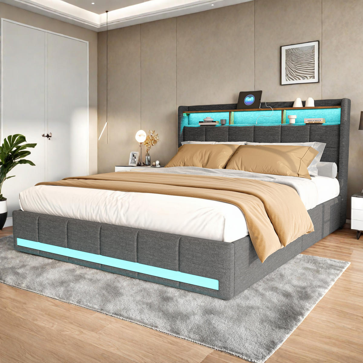 FUNKTIONSBETT POLSTERBETT 140x200 cm, mit USB-Laden & Stauraum, Grau - Grau, Holz (140/200cm)