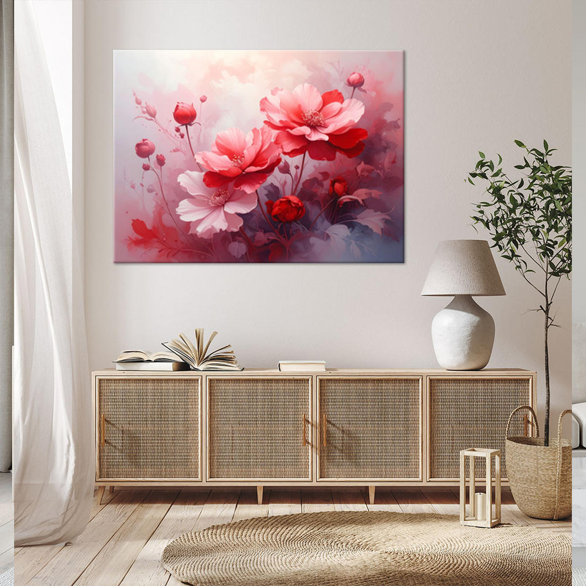 LEINWANDBILDER, Rosa Blumen in einer leichten Aquarellkomposition - Rot, Textil (100/70cm) - Feeby