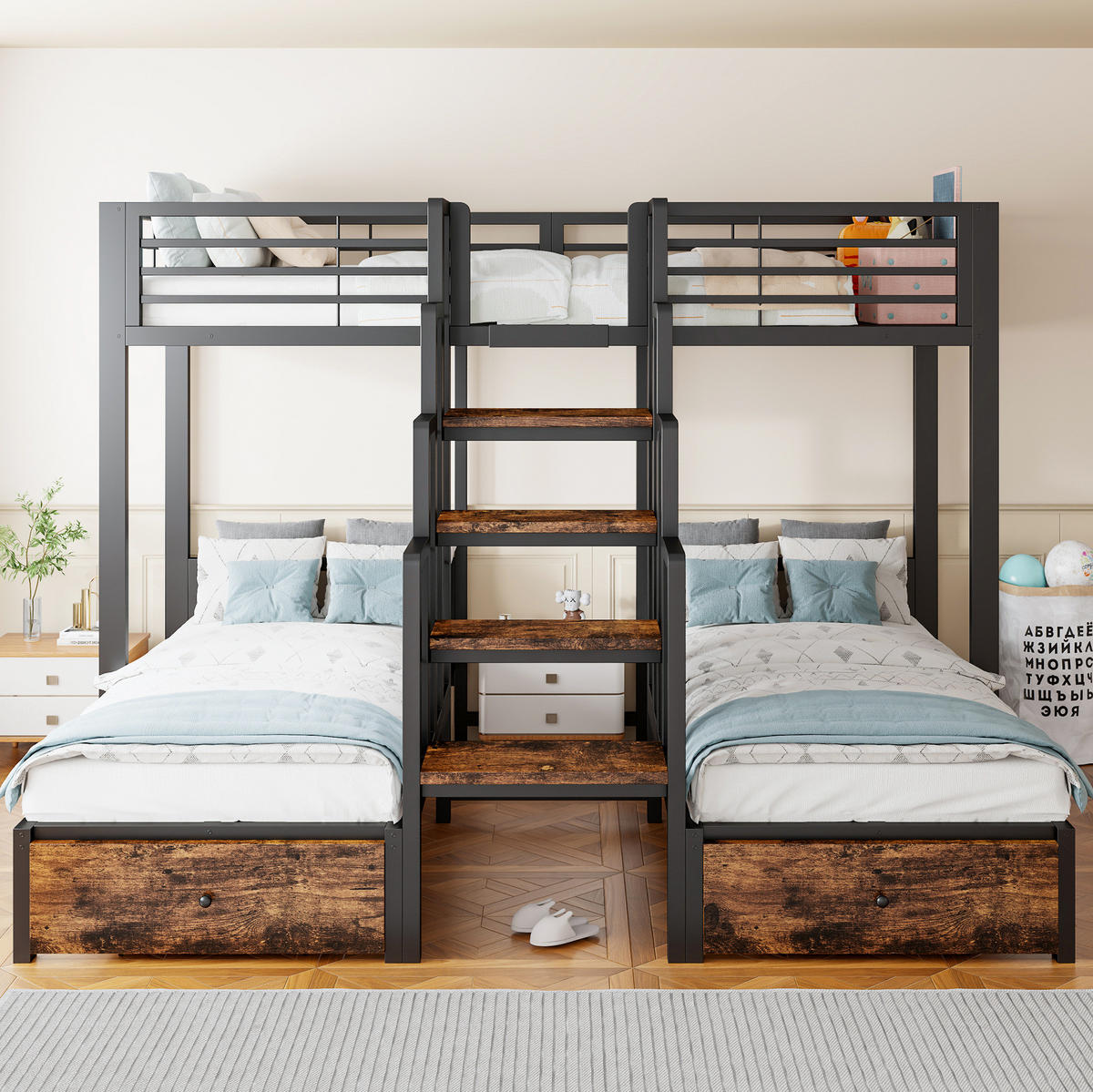 ETAGENBETT aus Metall und Holz 90x200 cm Schwarz mit Treppe, Sicherheitsgeländern und 2 Schubladen - Schwarz, Metall (90/200cm) - Modfu