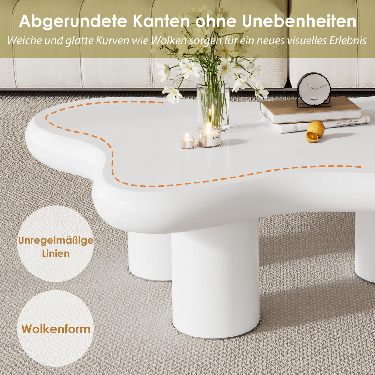 COUCHTISCH 97/67/32 cm in Weiß aus MDF in Wolkenform mit lackierter Oberfläche - Weiß, Holzwerkstoff (97/67/32cm) - Flora Grace