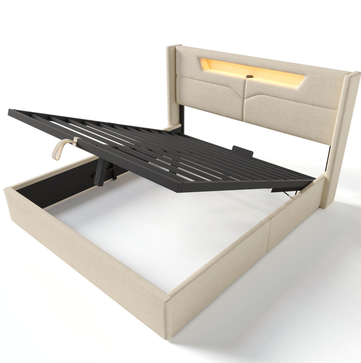 POLSTERBETT 140/200 cm mit LED-Beleuchtung, Bettkasten und USB/Type-C in Beige - Beige, Textil (140/200cm) - BEAOK