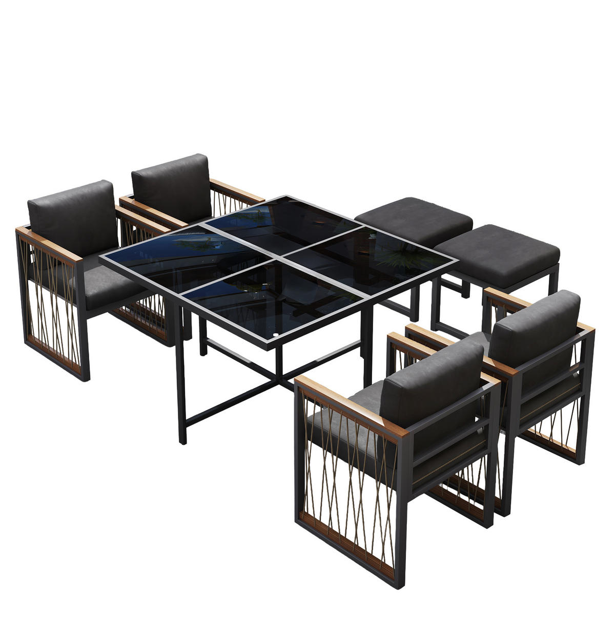 GARTEN-ESSGRUPPE 7-tlg. mit Tisch 117x117 cm Schwarz/Natur - Schwarz, Metall - Beauniv