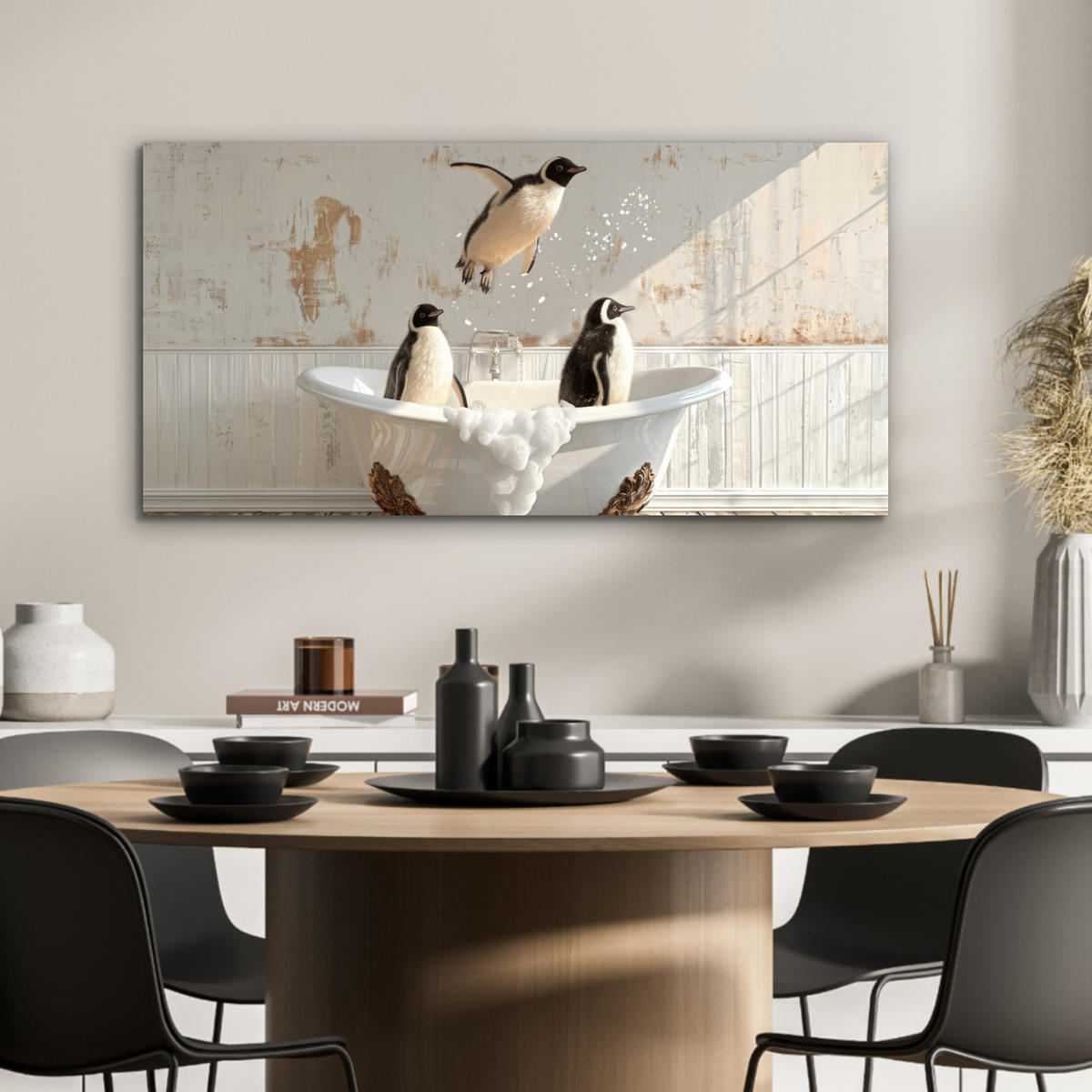 KOVOVÝ OBRAZ Vintage - Tučniak - Vaňa - Pena 80x40 cm - čierna, kov (80/40cm) - MuchoWow