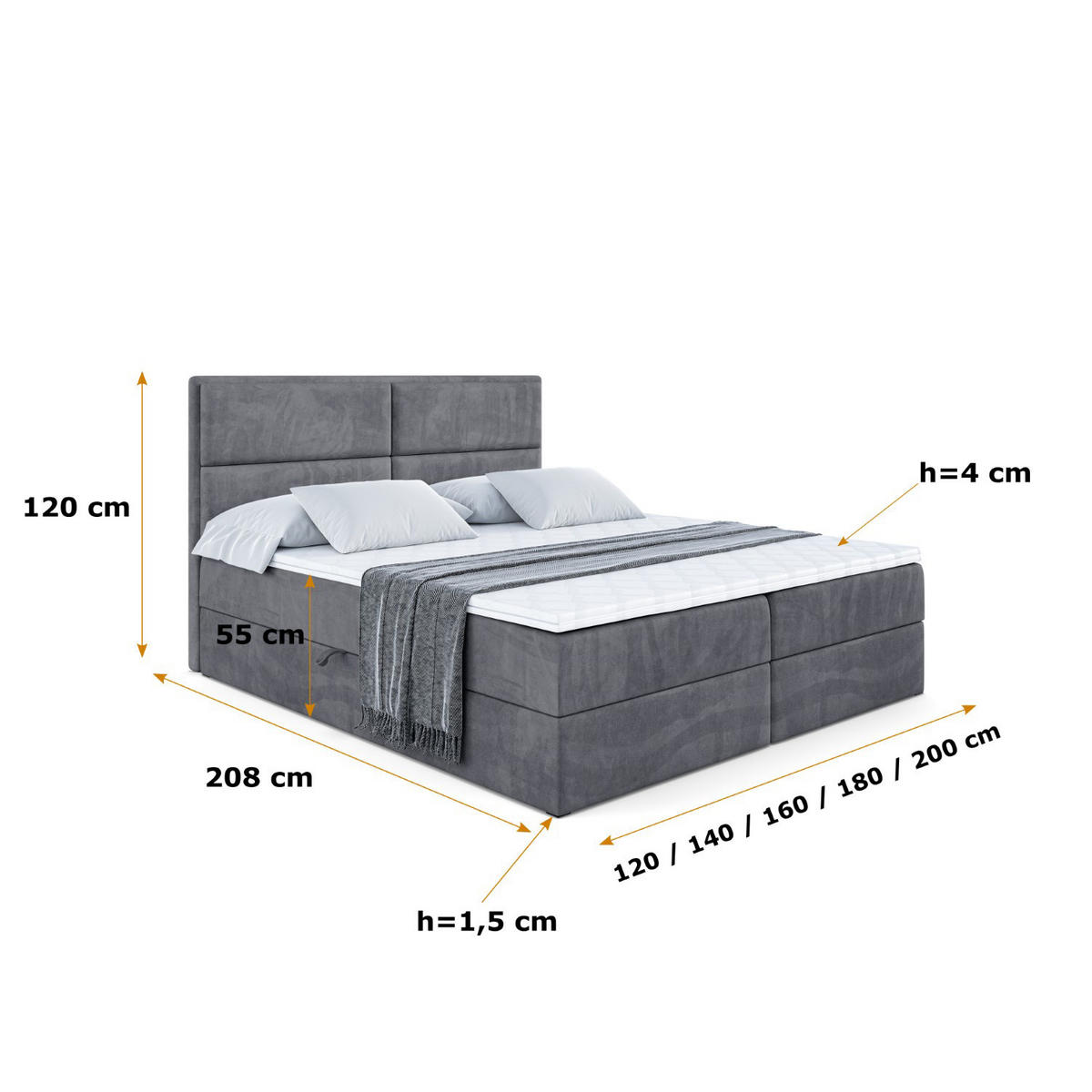 BOXBETT mit Matratze H4 und Lattenrost - AURA - 180x200 - H4 - Dunkelgrau - Dunkelgrau, Holzwerkstoff (180/200cm) - ALTDECOR