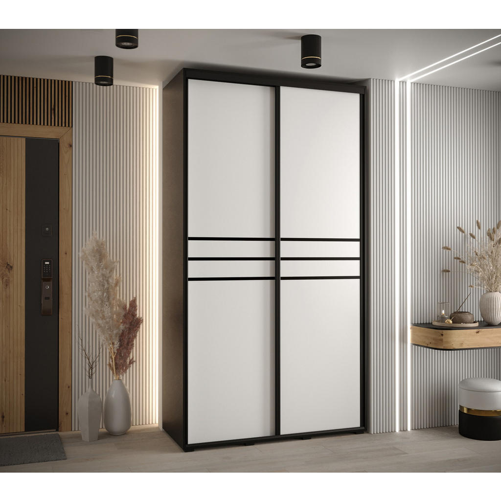 Thumbnail - Abiks Möbel Schwebetürenschrank, Schwarz, Weiß, Schwarz, Metall, Nachbildung, 6 Fächer, 140x235x45 cm, Schlafzimmer, Kle...