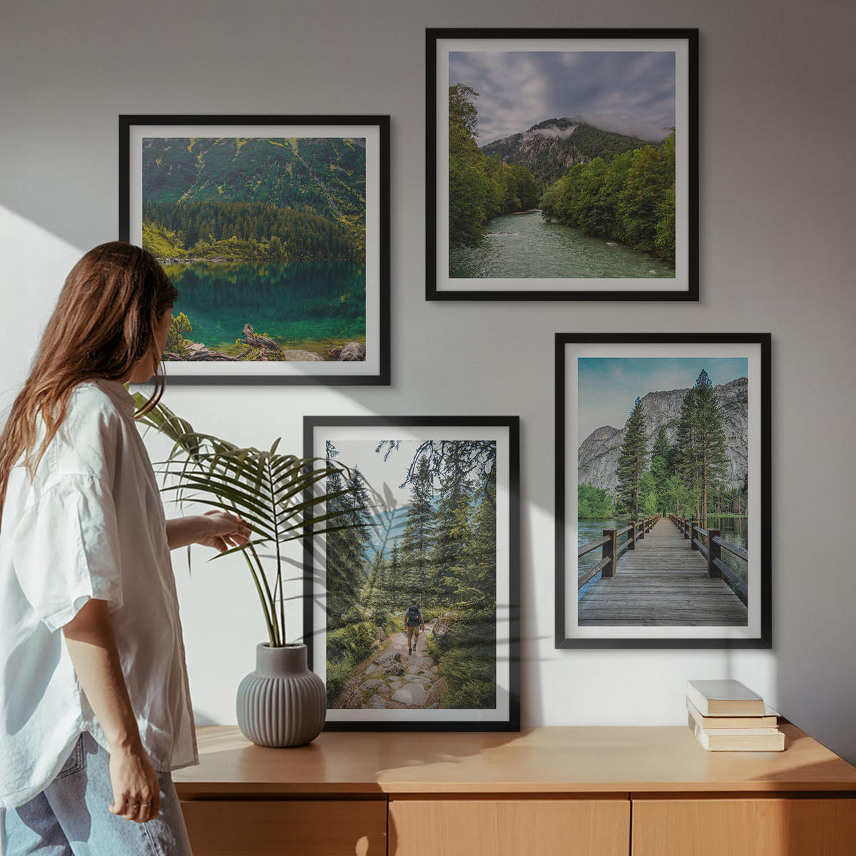 BILDER SET 4er Set - 50x50 cm & 40x60 cm Schwarzer Rahmen - Berge, Seen, Wälder, Wege - Schwarz, Kunststoff (50/50cm) - TULUP