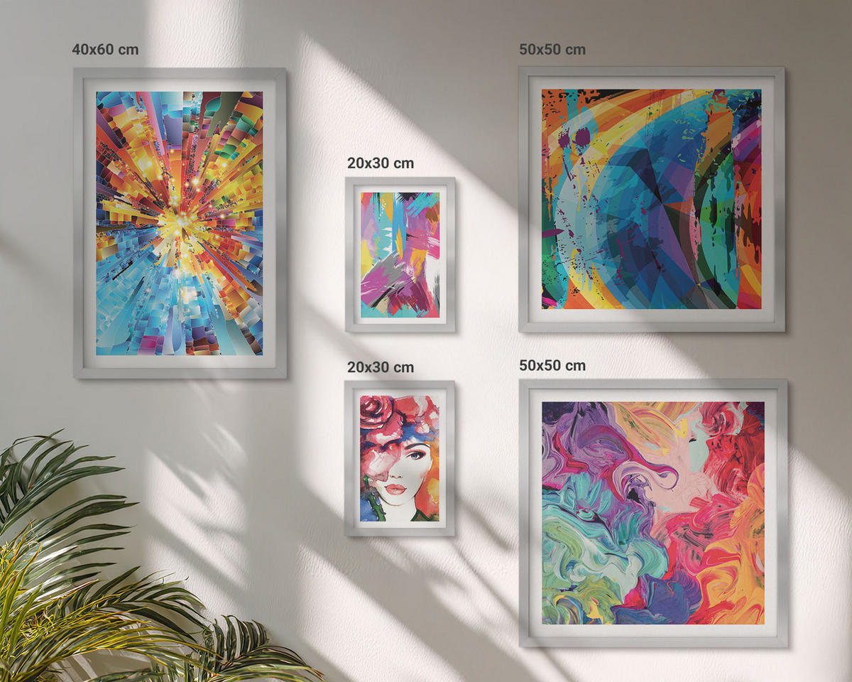 BILDER SET 5er Set - 50x50 cm & 20x30 cm & 40x60 cm Silberner Rahmen - Minimalistische Boho-Illustrationen - Silberfarben, Kunststoff (40/60cm) - TULUP