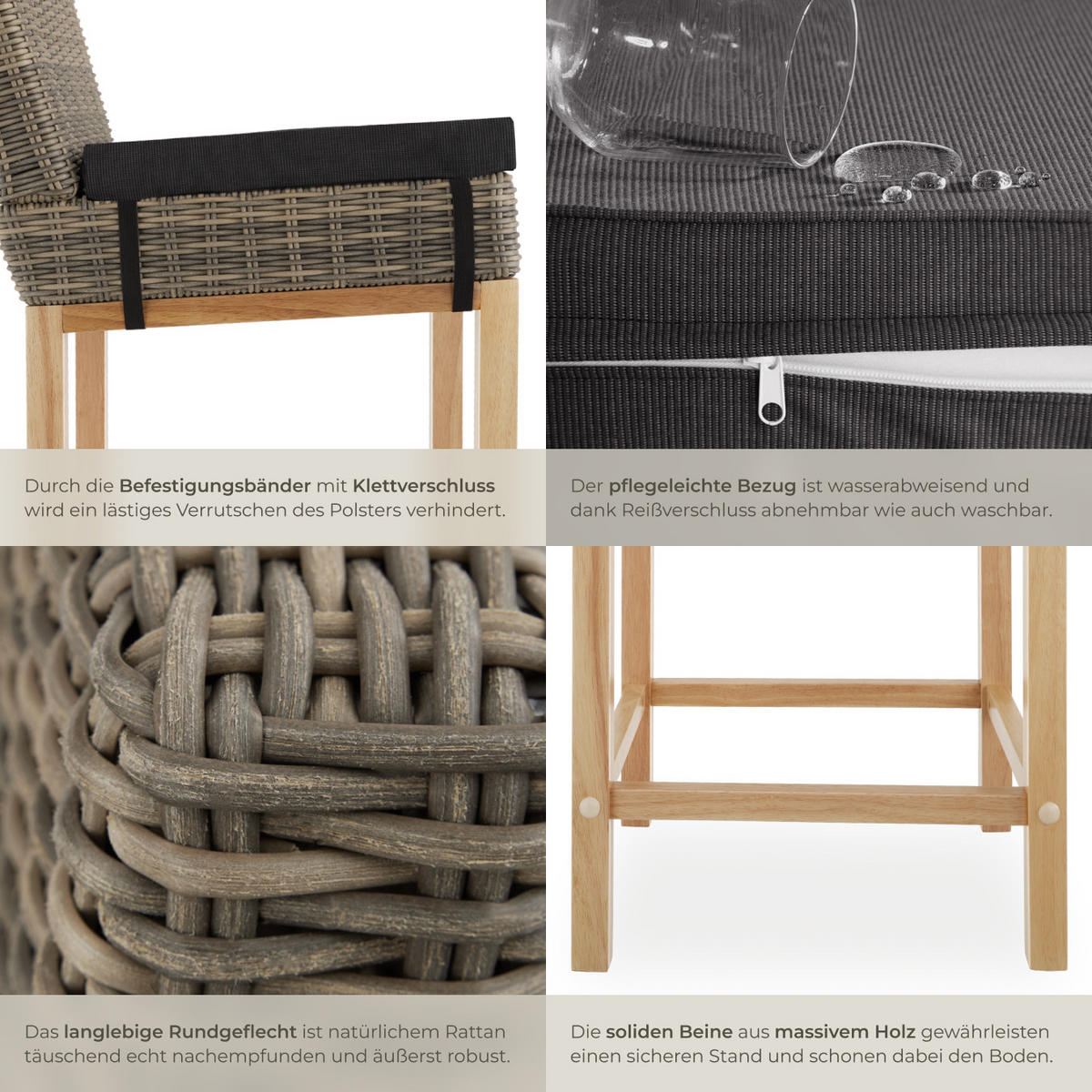 RATTAN-BARSTUHL Latina,inklusive Sitzpolster, 45 x 62,5 x 99 cm,natur - Naturfarben, Kunststoff (45/99/62.5cm) - tectake