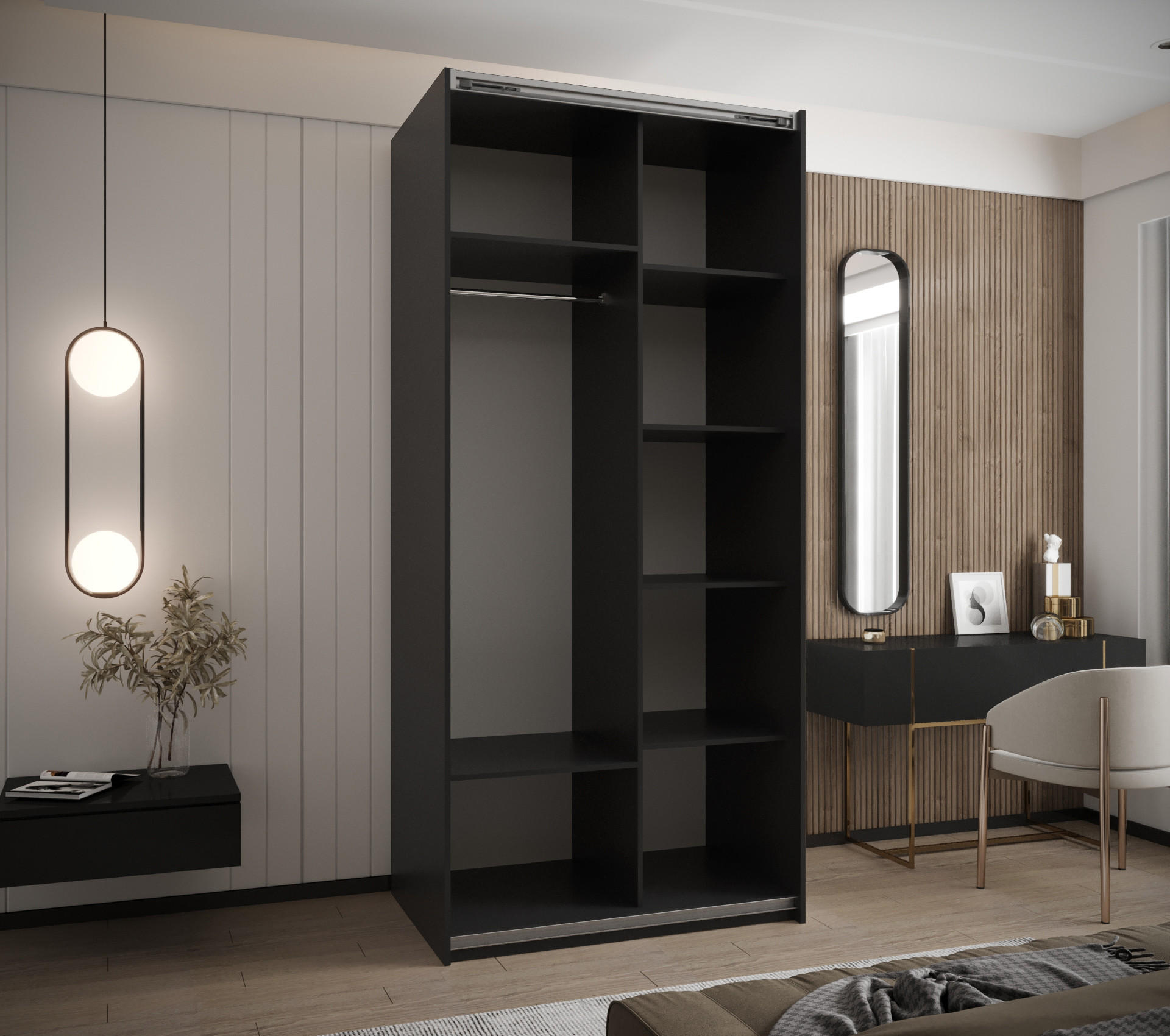 Thumbnail - Abiks Möbel Schwebetürenschrank, Schwarz, Eiche Artisan, Schwarz, Metall, Nachbildung, 6 Fächer, 120x245x64 cm, Schlafzi...