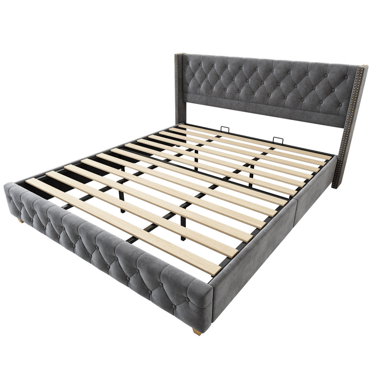 POLSTERBETT 180x200 Lattenrost Kopfteil Samt Grau Holzbeine - Grau, Textil (180/200cm) - FLIEKS