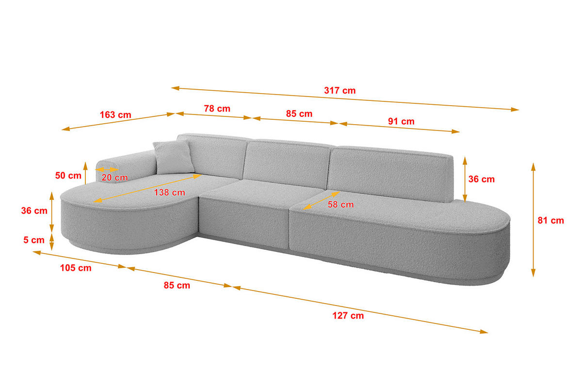 ECKSOFA Ottomane Links MARI-L2 - 317x163x81 cm Hellgrau Bouclé - Hellgrau/Schwarz, Holzwerkstoff/Kunststoff (165/321cm) - ALTDECOR