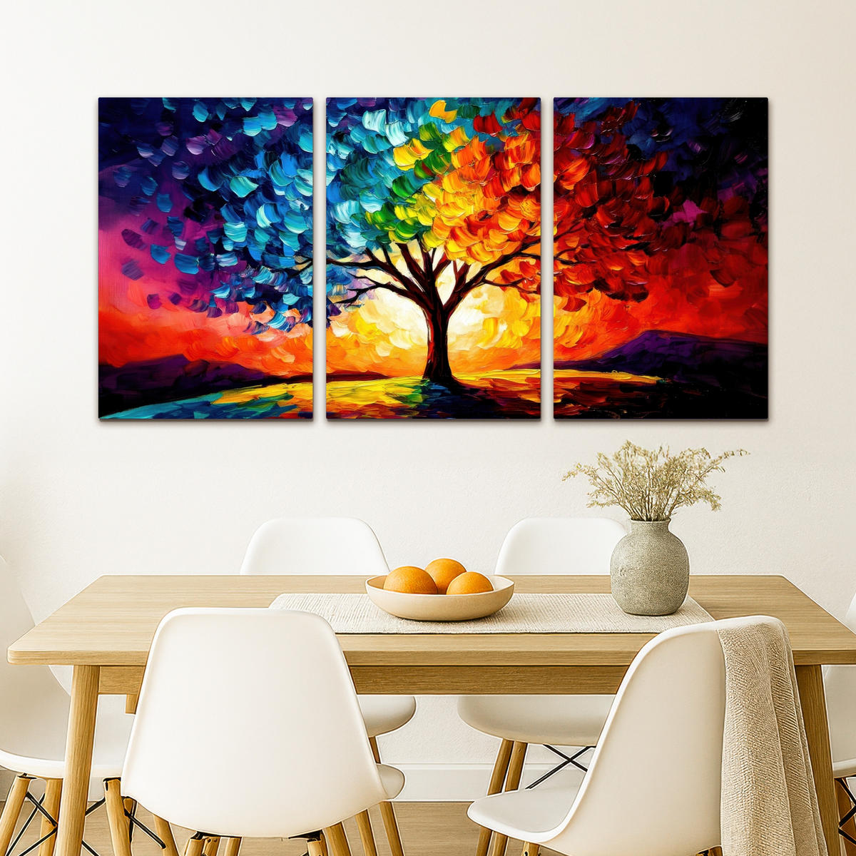 LEINWANDBILD 3er Set Baum - Farbenfroh - Malerei-Look - Abstrakt 120x60 cm - Multicolor, Textil (120/60cm) - MuchoWow