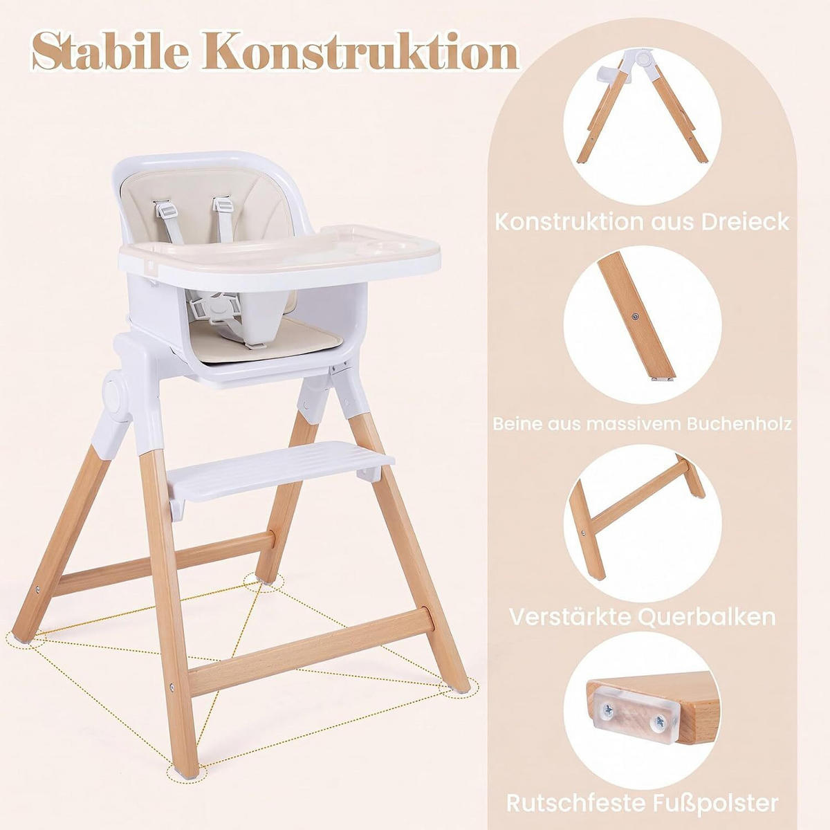 KINDERHOCHSTUHL mit Tablett beige - Beige, Holz (71/93/58cm) - COSTWAY