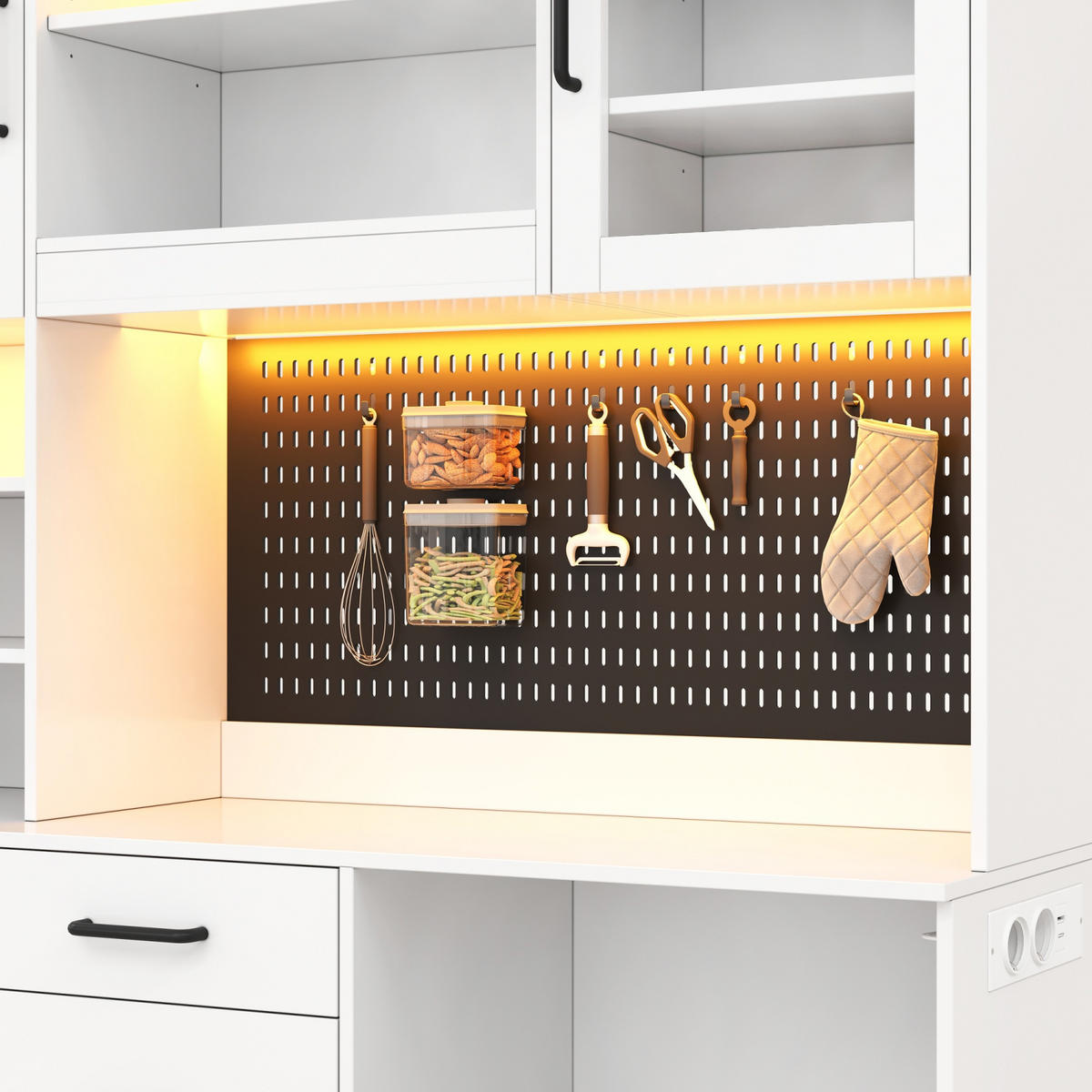 KÜCHENBUFFET 145x40x185 cm, 5 Schubladen, LED-Beleuchtung, Steckdose, 2 USB-Anschlüsse, verstellbare Einlegeböden, Lochplatte, Glastüren, Weiß - Weiß, Holzwerkstoff (145/185/40cm) - FOHERE