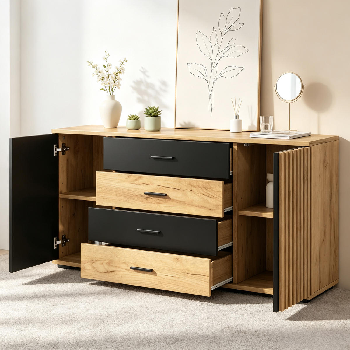SIDEBOARD 140x35x70cm Eiche Schwarz mit 4 Schubladen - Schwarz, Holzwerkstoff (140/70/35cm) - FLIEKS