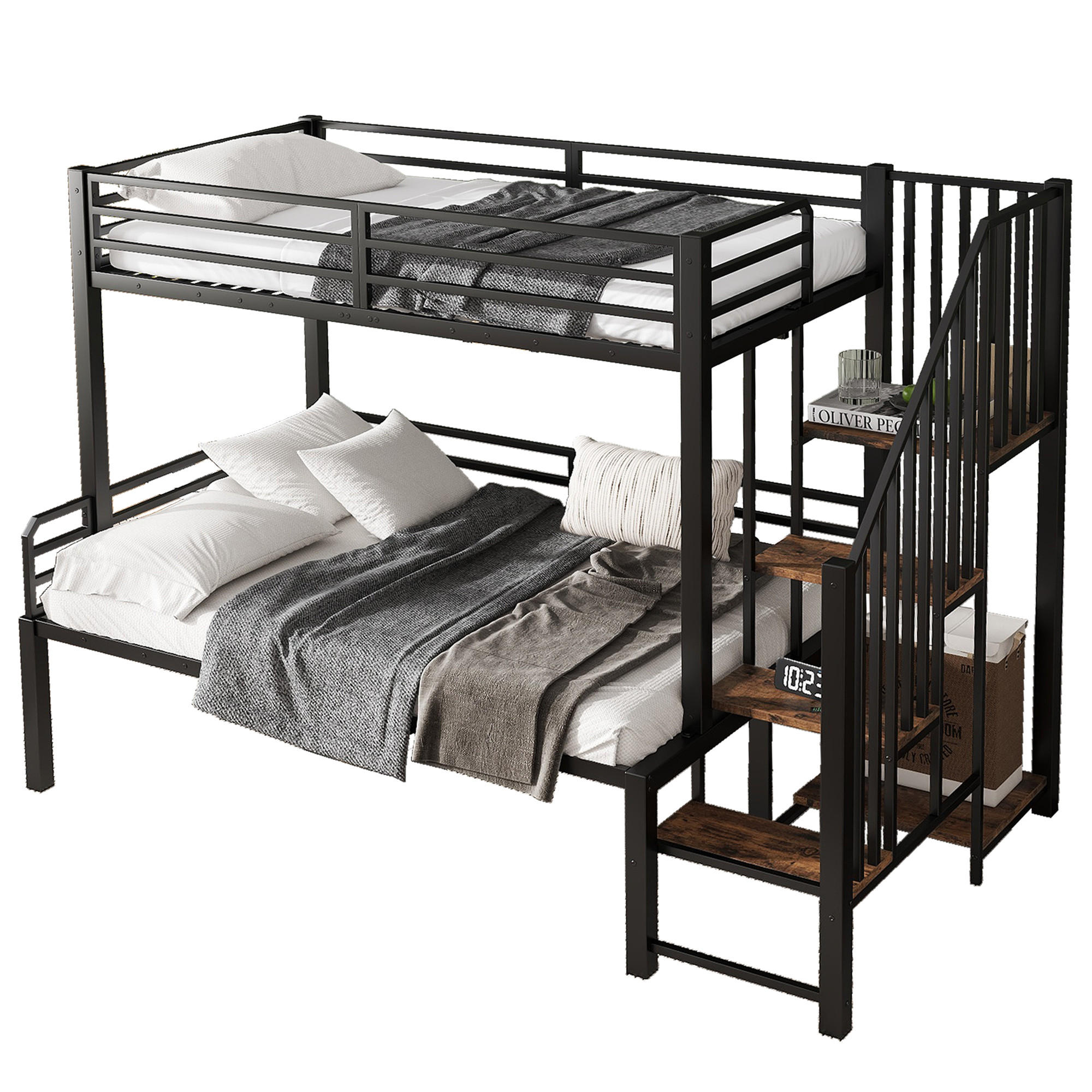 ETAGENBETT 90/200 cm & 120/200 cm in Schwarz & Vintage-Holzfarbe mit Eckleiter und Stauraum - Schwarz, Metall (90/200cm) - CHICFURN