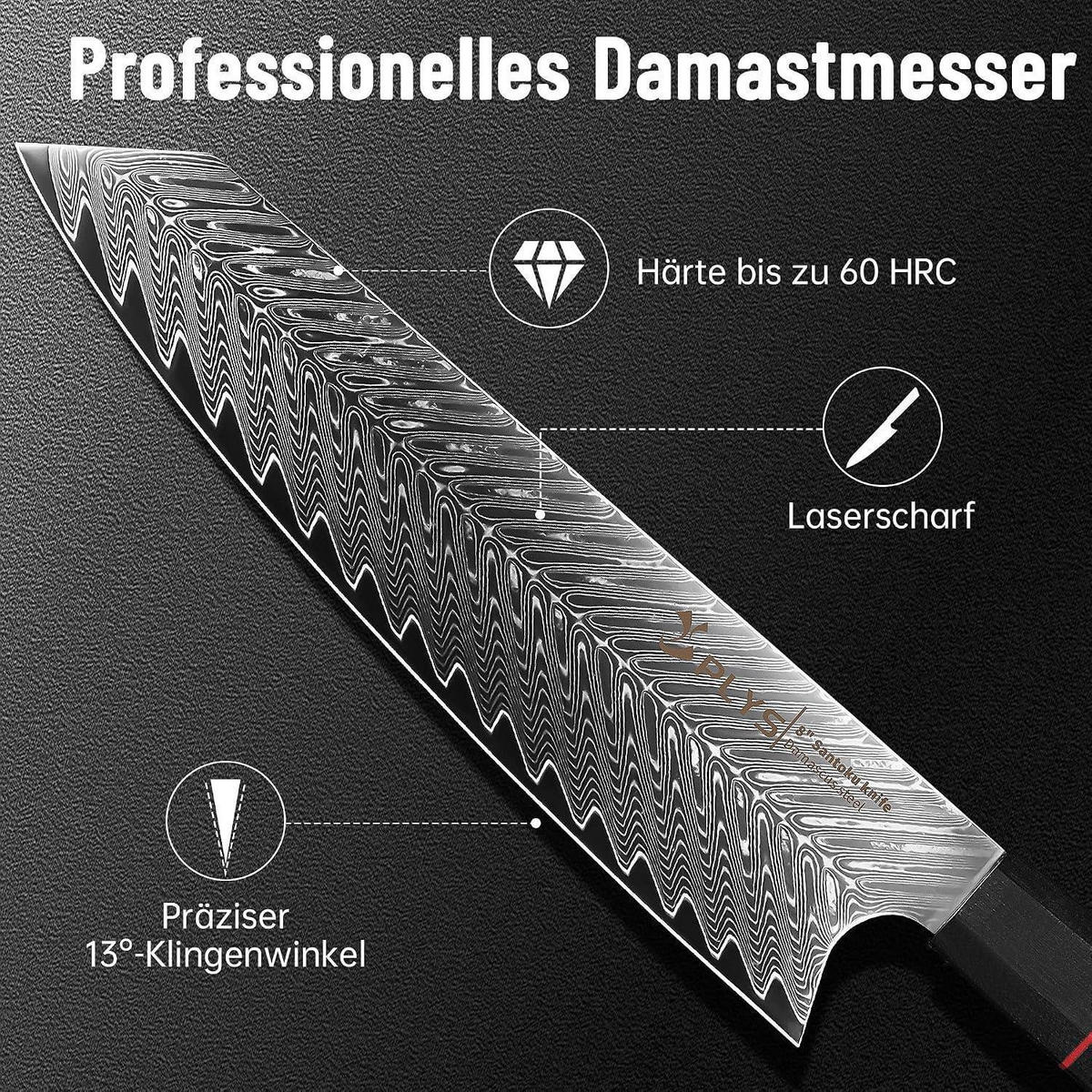 KOCHMESSER 20 cm Damaststahl VG10 Stahlkern G10 Griff Geschenkbox - Schwarz, Metall (33.7cm)