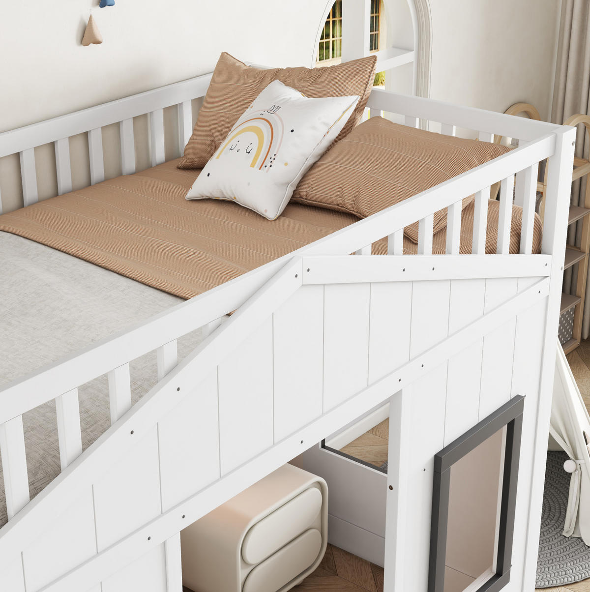VÝŠKOVÁ posteľ 90/200 cm biela a sivá z borovice a MDF s oknami a schodíkmi s ochranou proti pádu - biela, kompozitné drevo (90/200cm) - OKWISH