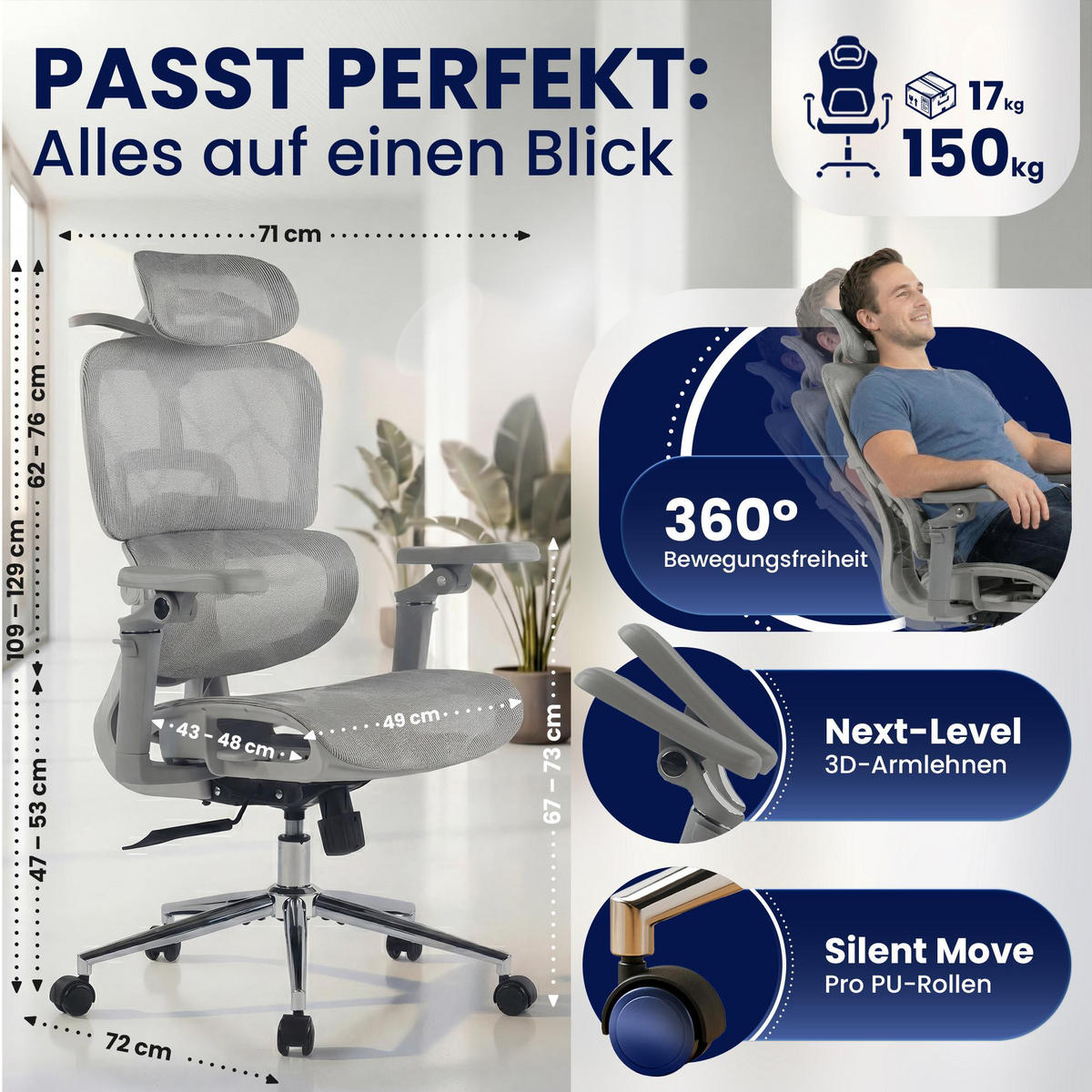 CHEFSESSEL Netzstoff Grau - Grau, Textil/Metall (71/109/72cm) - CLP