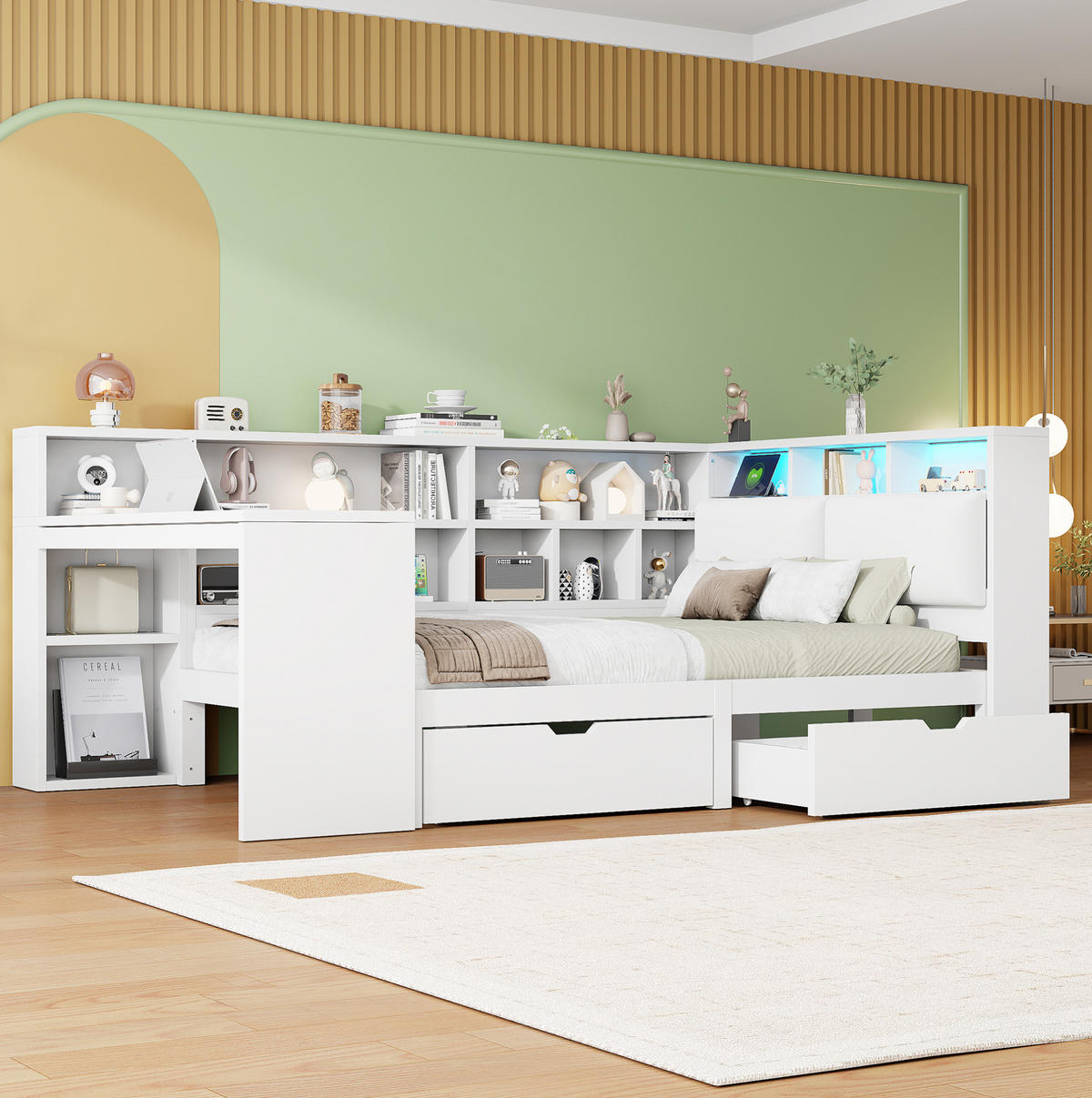 KREVET 140/200 cm s L-oblikom, radnim stolom, policom i LED osvjetljenjem, Bijela - bijela, drvni materijal (140/200cm) - Redom