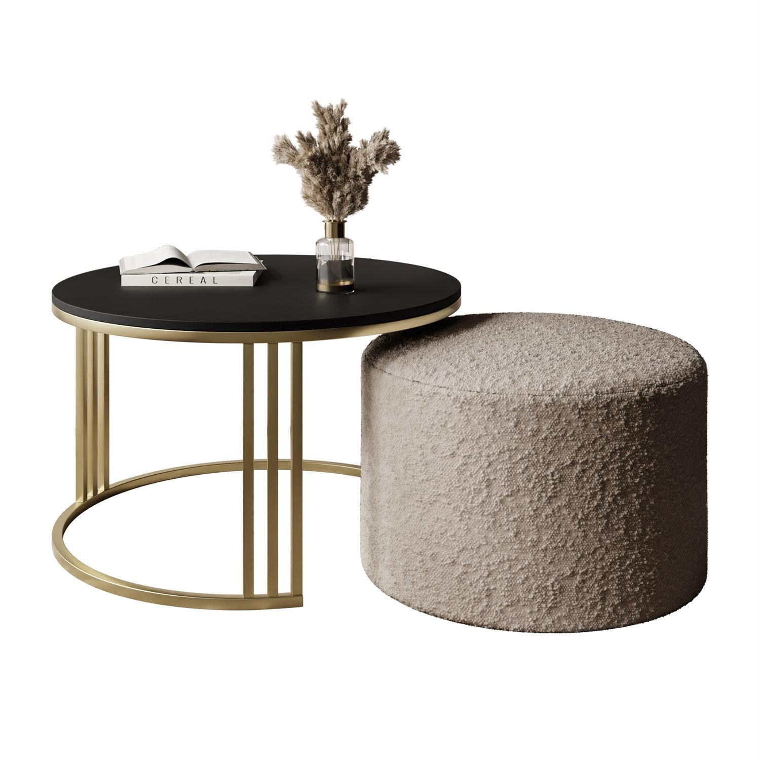 COUCHTISCH mit Hocker LORI MAT gebürstetes Gold/schwarz matt/Coral 50 - Schwarz, Metall (70/70/49cm) - Lookway