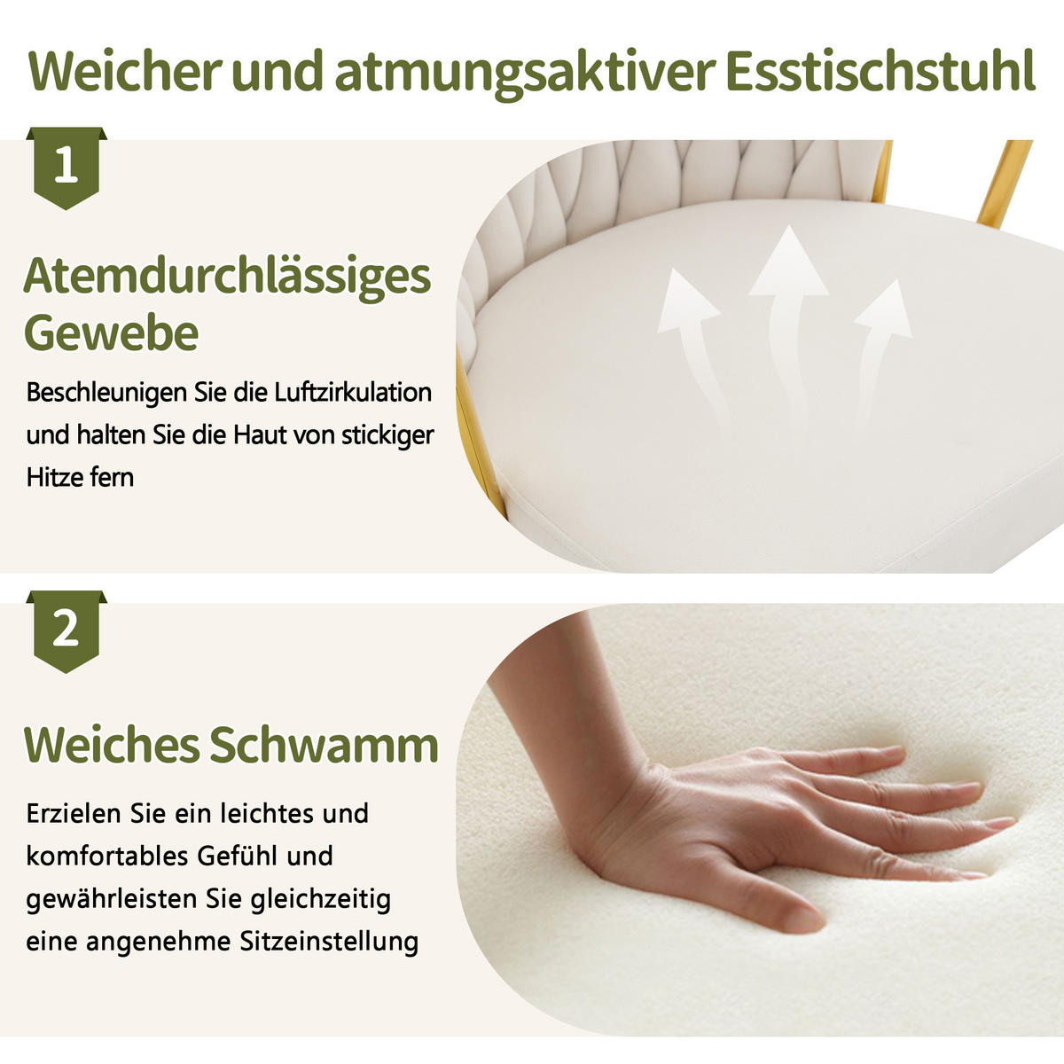 ESSZIMMERSTUHL 2ER-SET aus Samt mit goldenen Beinen, ergonomisch gepolstert - Beige, Textil (43/76/58cm) - Urban Meuble