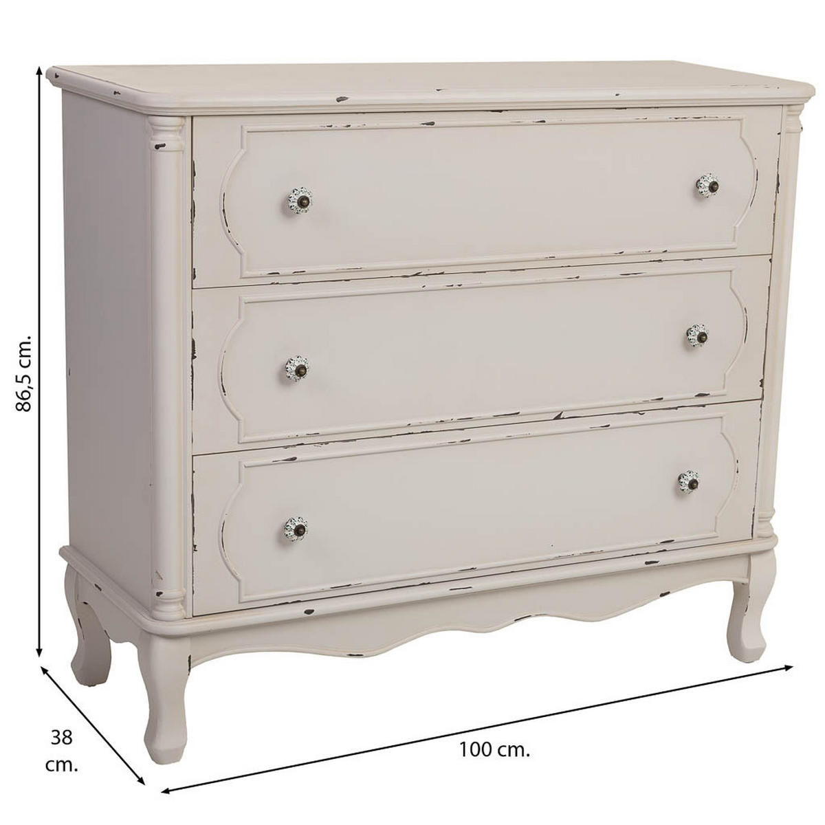 KOMMODE aus gealtertem Holz mit 3 Schubladen 100x38x86,5h cm - Weiß - Weiß, Holz (100/86/38cm) - Wanderlust