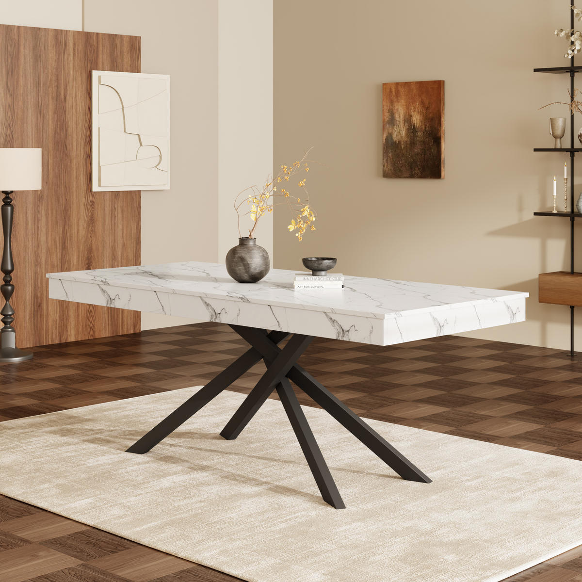 ESSTISCH in Weiß ausziehbarer Küchentisch mit verdickter Tischplatte und Metallbeinen für Esszimmer , B140-180/T80/H76cm - Schwarz/Weiß, Holzwerkstoff/Metall (80/180/76cm) - STILVORA