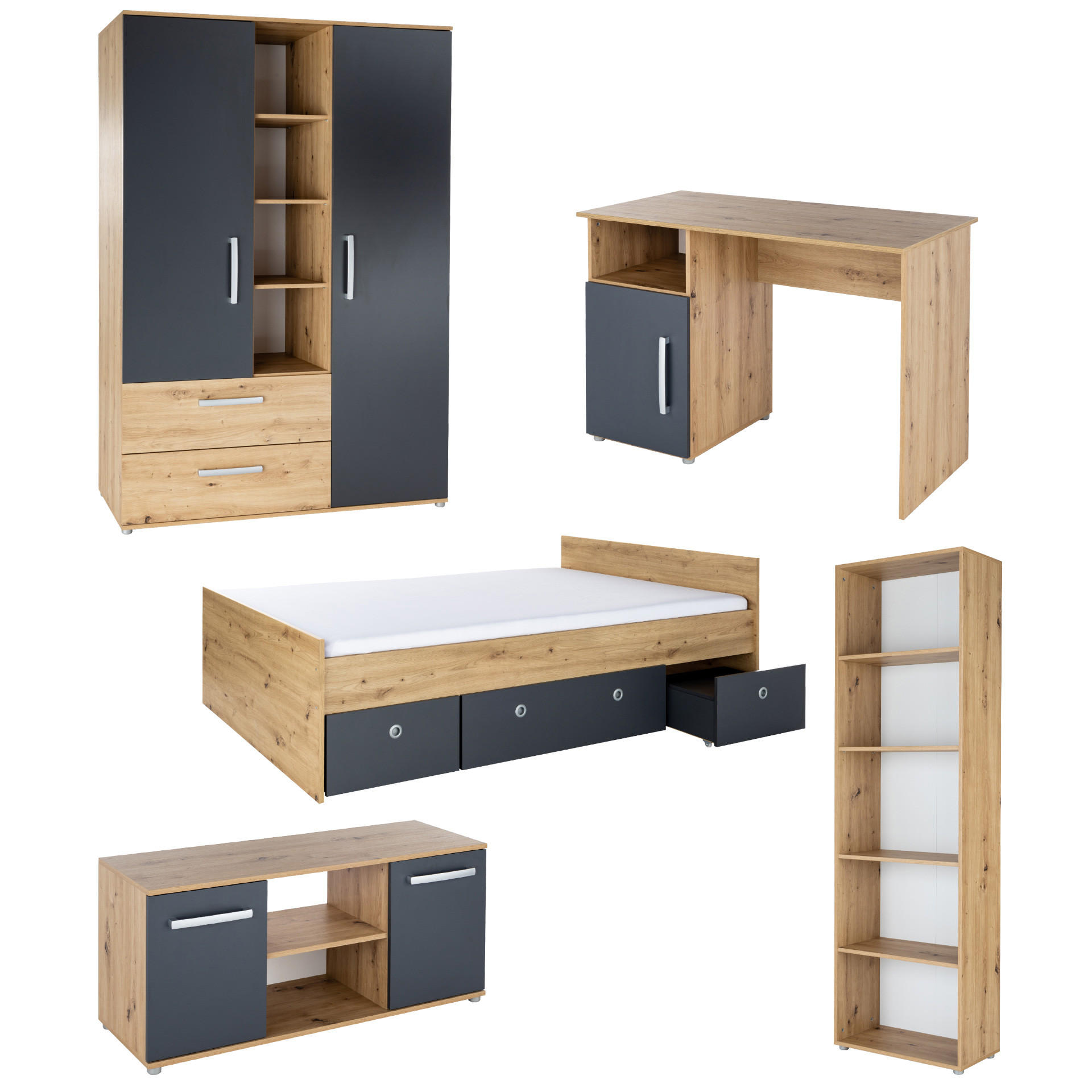 JUGENDZIMMER MEGA-Set Alessio 6-tlg. - Anthrazit/Silberfarben, Holzwerkstoff/Kunststoff (1/1/1cm) - arthur berndt