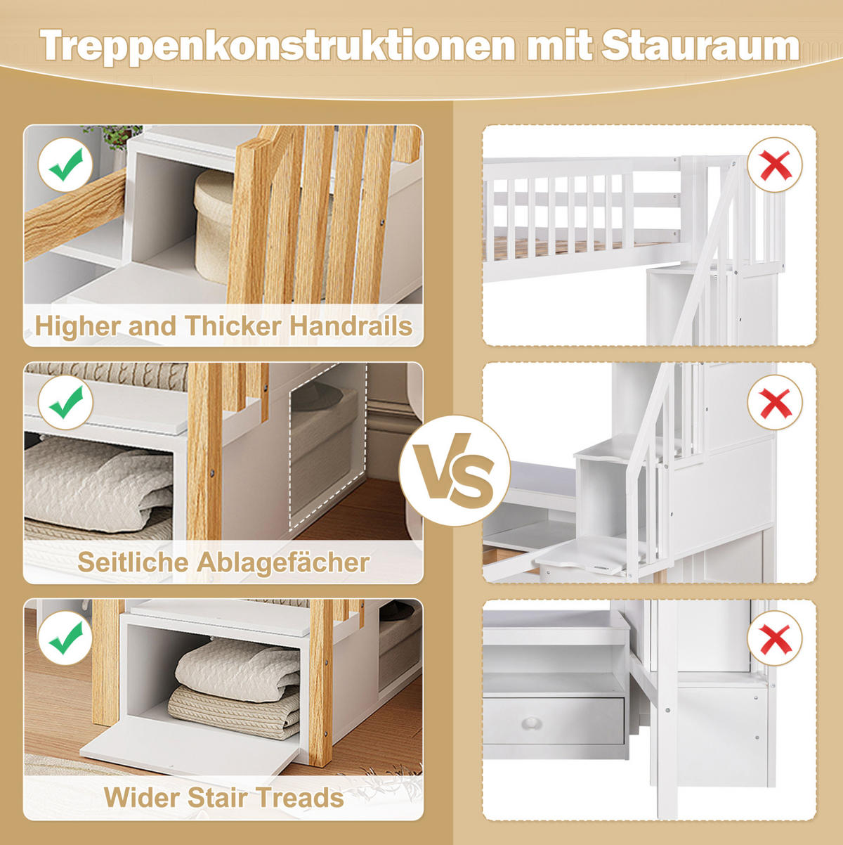 HOCHBETT 140/200 cm aus Kiefernholz und MDF mit Schreibtisch und LED-Beleuchtung Weiß/Natur - Weiß/Naturfarben, Holz (140/200cm) - Modenvie