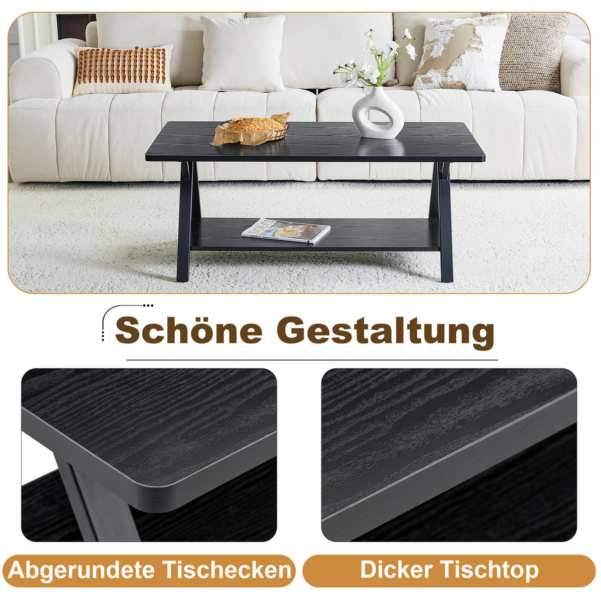 COUCHTISCH 110/57/44,5 cm mit Ablage, MDF-Holzoptik und Metallgestell, Schwarz - Schwarz, Holzwerkstoff (110/57/44.5cm) - Redom