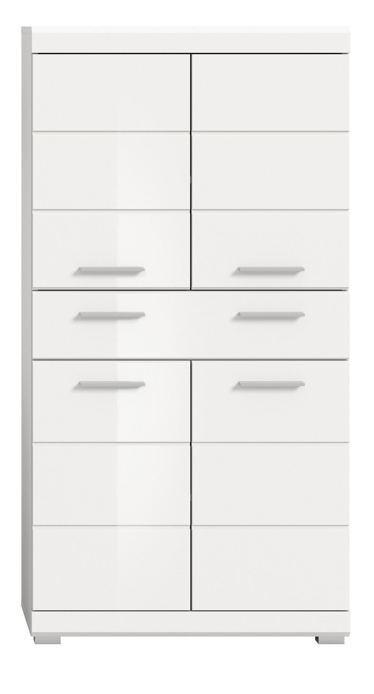 MIDISCHRANK weiß Hochglanz 74 x 141 cm, Badschrank 4-türig - Weiß Hochglanz/Silberfarben, Holzwerkstoff/Kunststoff (74/141/31cm) - Inn.Furn