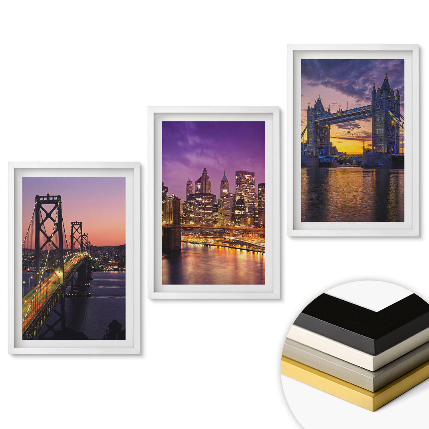 WANDBILDER 3er-Set - 40x60 cm Weißer Rahmen - Brücken, Sonne, Stadtblick - Weiß, Kunststoff (40/60cm) - ArtPrintCave