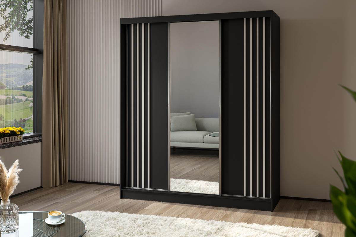 SCHWEBETÜRENSCHRANK Neli 180 cm mit Lamellen und Spiegel 3-türig, schwarz, schwarz, Lamelle weiß - Schwarz/Weiß, Kunststoff (180/216/61cm) - Margaret Hadas24