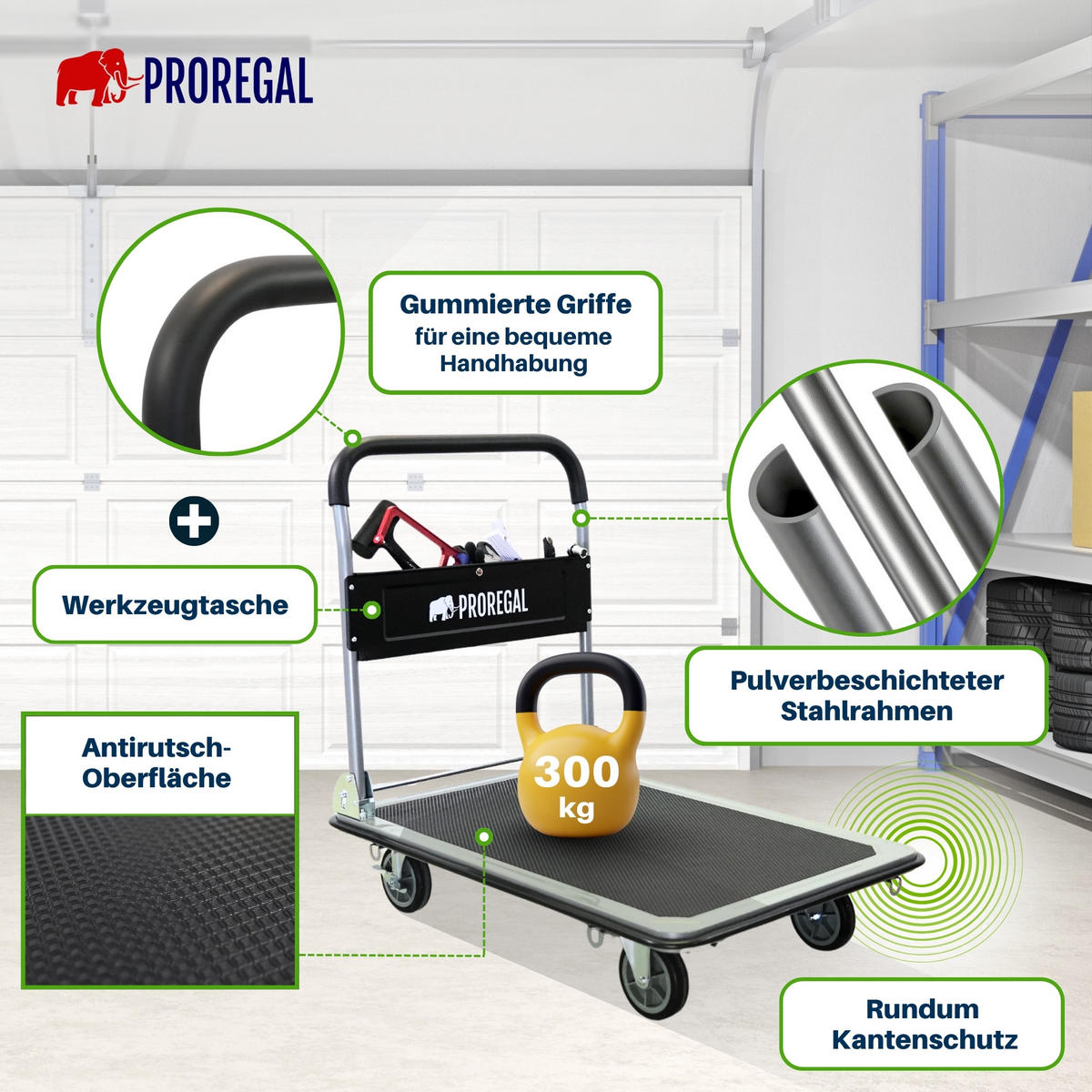 PLATTFORMWAGEN Transportwagen Rhino 300kg klappbar mit Gummiräder & Werkzeugtasche - Schwarz, Metall (90/60/85cm) - PROREGAL