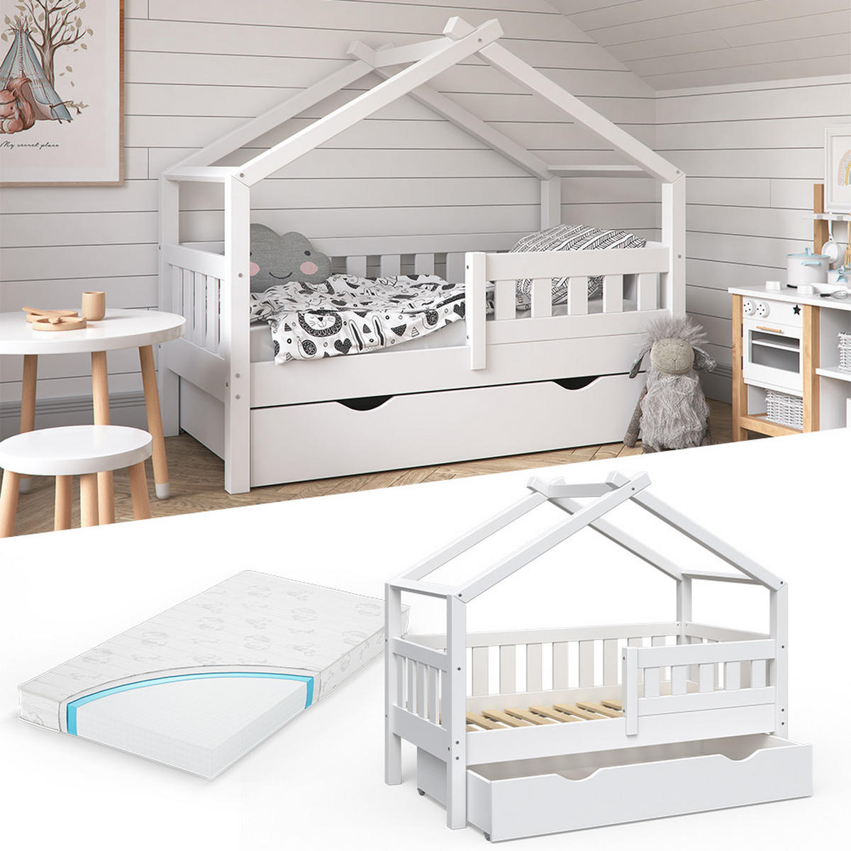HAUSBETT Design Weiß 70x140 cm mit Schublade und Matratze - Weiß, Holz (70/140cm) - VitaliSpa