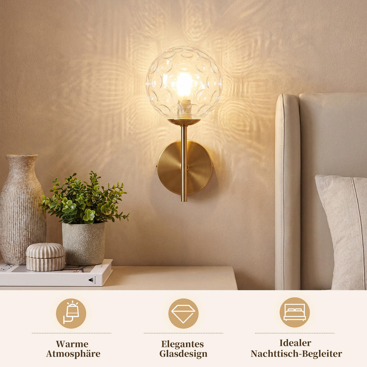 WANDLEUCHTE Tyvax 24/12/16 cm - Goldfarben, Glas/Metall (12/16/24cm) - ZMH