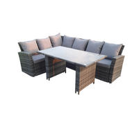 GARTEN-ECKSOFAGARNITUR mit Esstisch Polyrattan 6-Sitzer - Dunkelgrau/Grau, Glas/Kunststoff - Fimous