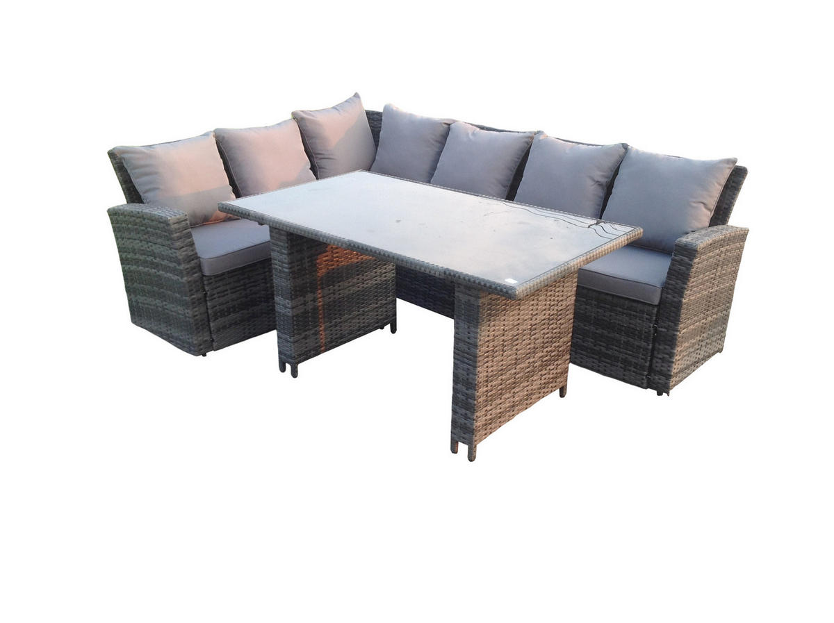 GARTEN-ECKSOFAGARNITUR mit Esstisch Polyrattan 6-Sitzer - Dunkelgrau/Grau, Glas/Kunststoff - Fimous