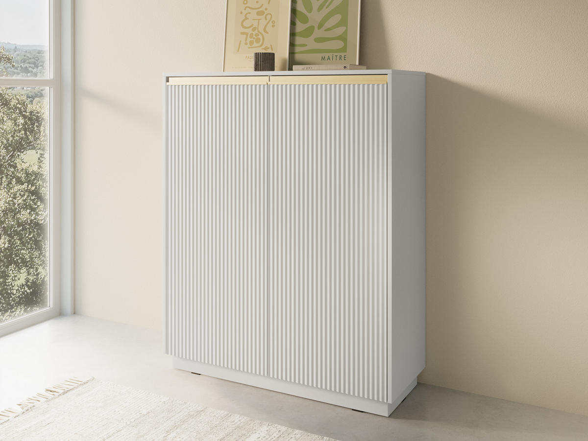 KOMMODE Loren, zweiflügelig, hoch, mit geriffelten Fronten in Weiß - Goldfarben/Weiß, Holzwerkstoff/Metall (104/127/39cm) - Ravio