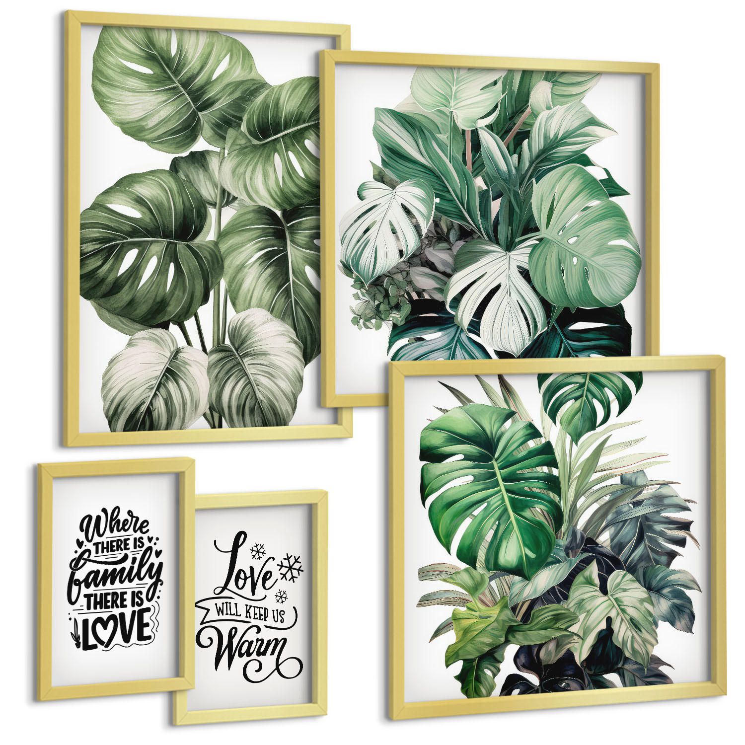 BILDER SET 5er Set - 50x50 cm & 20x30 cm & 40x60 cm Goldrahmen - Gemalte Abstraktionen der Natur - Goldfarben, Kunststoff (40/60cm) - TULUP