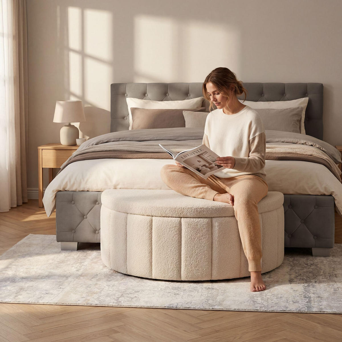 POLSTERBANK Moon mit großem Stauraum, Belastbarkeit 150 kg, 108 x 48 x 38,5 cm, Bouclé creme - Creme, Holz (108/40/48cm) - tectake